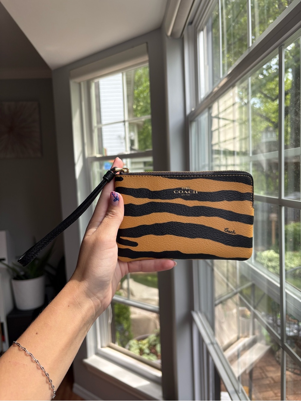 Coach Tiger-Print Leather Wristlet in Tan and Black